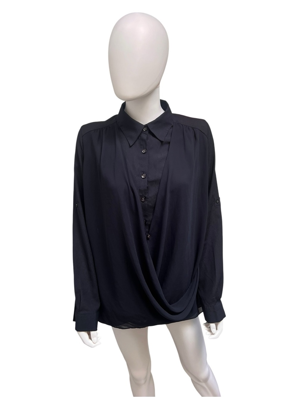 MM Couture- Navy Draped Chiffon Button-Front Blouse, Long Sleeved. Size M.